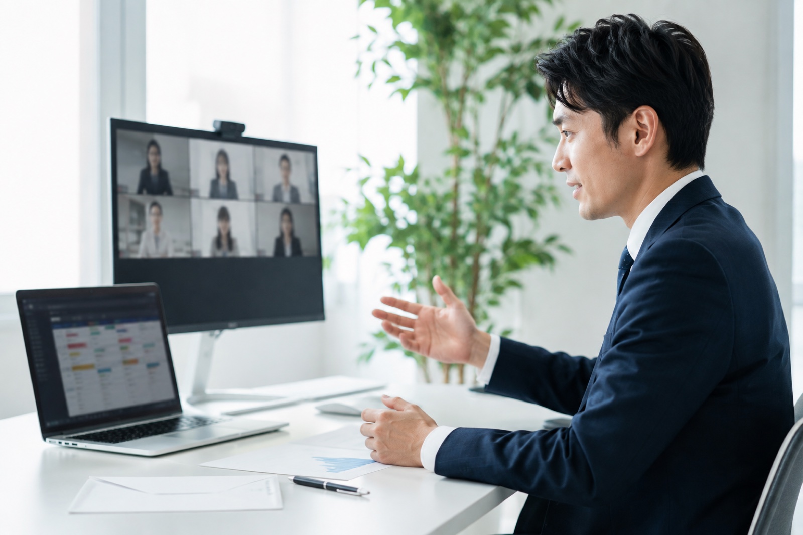 リモート営業でオンライン商談と営業管理ツールを使って決裁者開拓を進めるシーン